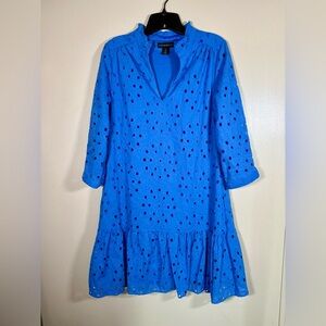 Cynthia Rowley 3/4 Sleeve V-Neck Ruffle Bottom Blue Cotton Dress Size Small